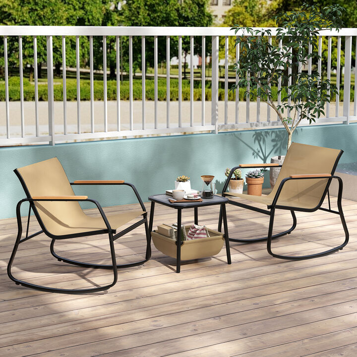 Brown 3-Piece Outdoor Rocking Bistro Set with Side Table and Storage Bag