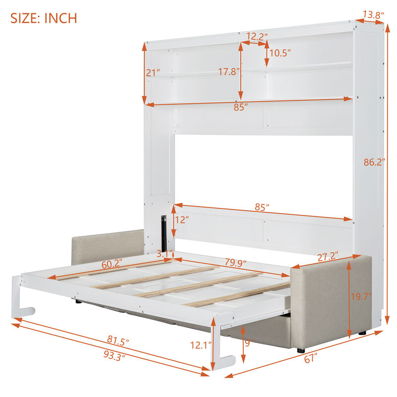 Whisen Queen Size Murphy Bed Wall Bed with Sofa
