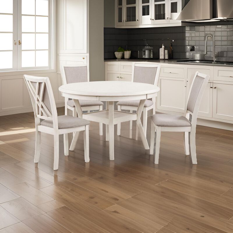 Aine 5 Piece Round Dining Table and Chair Set, White Wood, Fabric Seat - Benzara