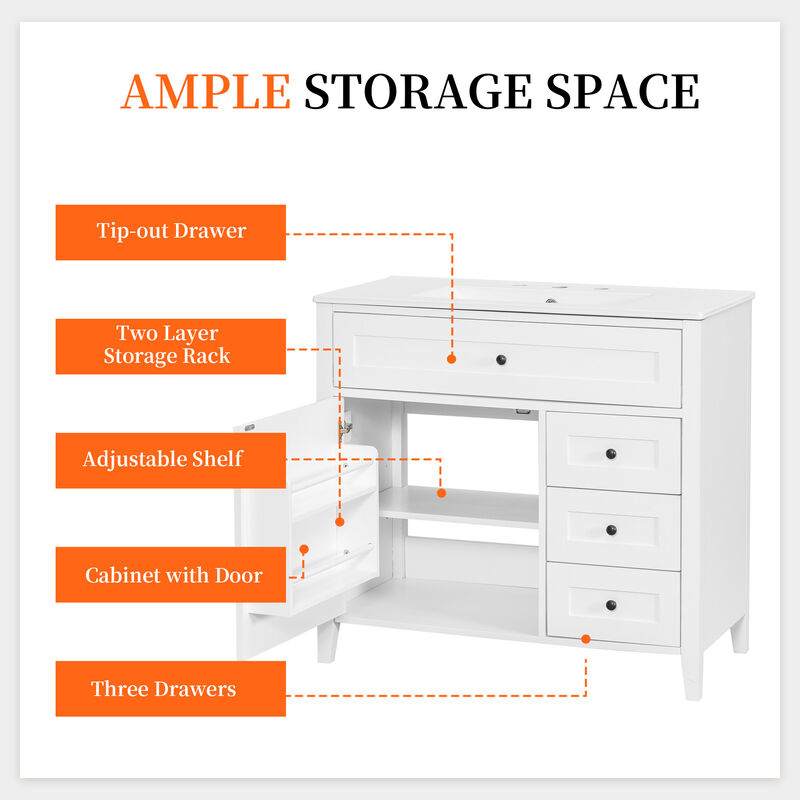 Merax Bathroom Storage Vanity with Left Adjustable Shelving Cabinet & 3 Right Smooth-Glide Drawers image number 5