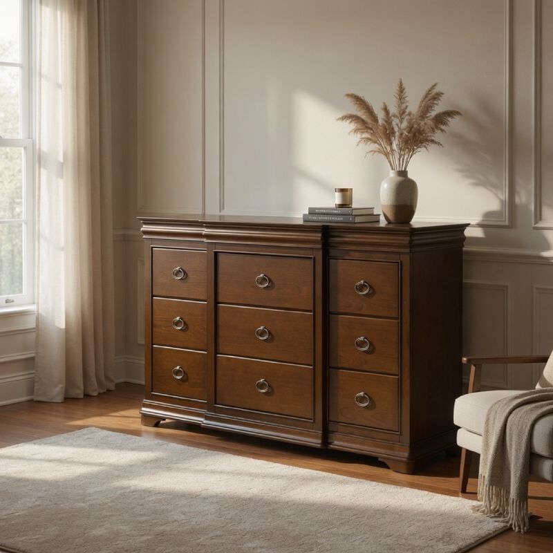 Gravis Wide Dresser Chest, 9 Drawers and 2 Hidden Drawers, Cherry Brown image number 8