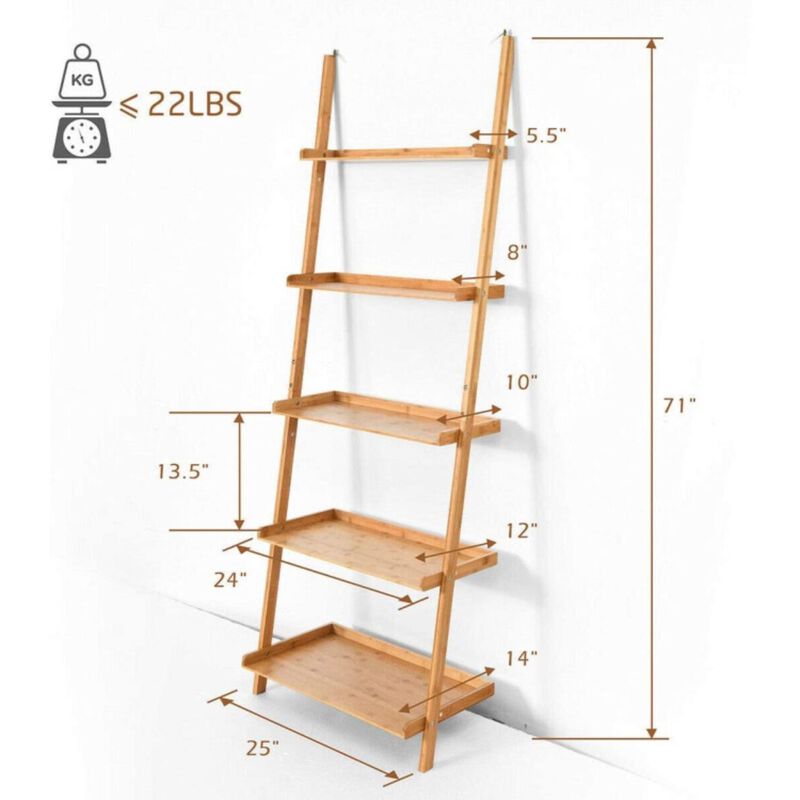 Hivvago 5-Tier Ladder Shelf Bamboo Bookshelf Wall-Leaning Storage Display Plant Stand-Natural