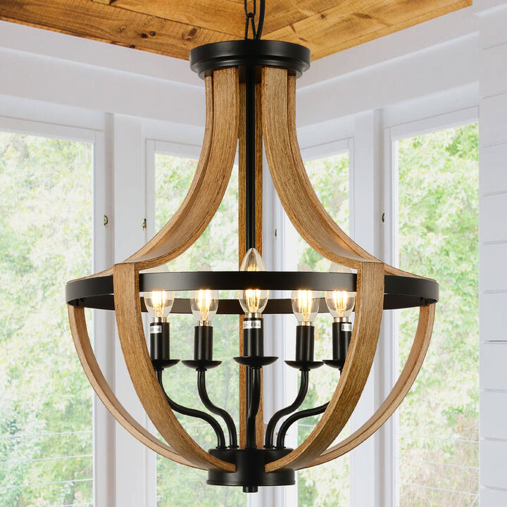 ELEMENT ACE 5-Light Farmhouse Industrial Chandelier Vintage Geometric Frame Adjustable Height Ceiling Light Fixture for Dining Room Foyer Kitchen Hallway Bathroom