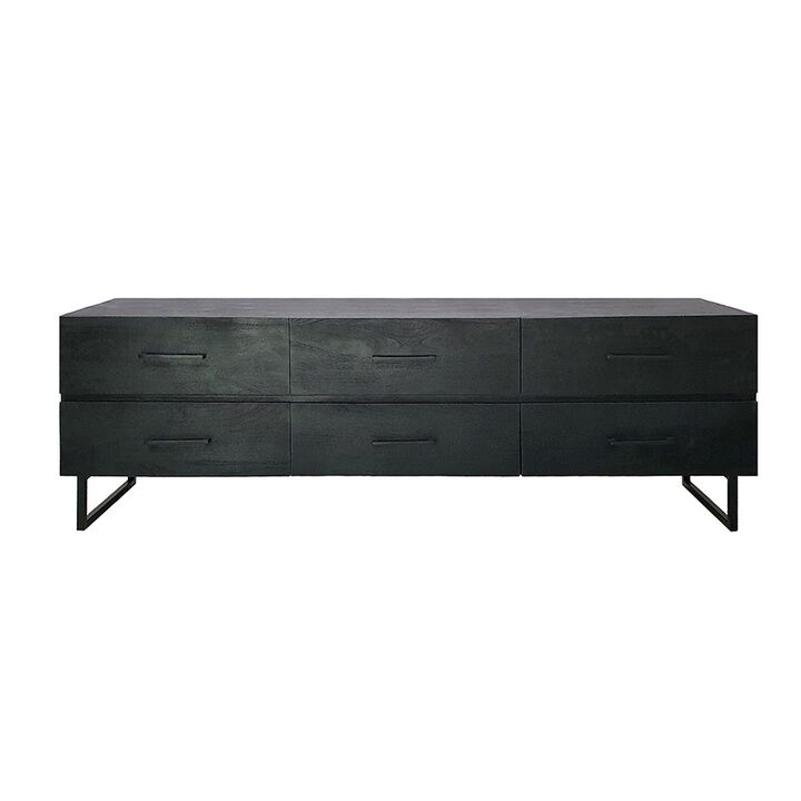 87 Inch Sideboard Cabinet, 6 Drawers, Iron Legs and Handles, Wood, Black