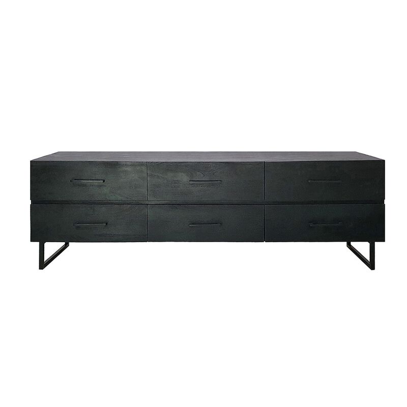 87 Inch Sideboard Cabinet, 6 Drawers, Iron Legs and Handles, Wood, Black