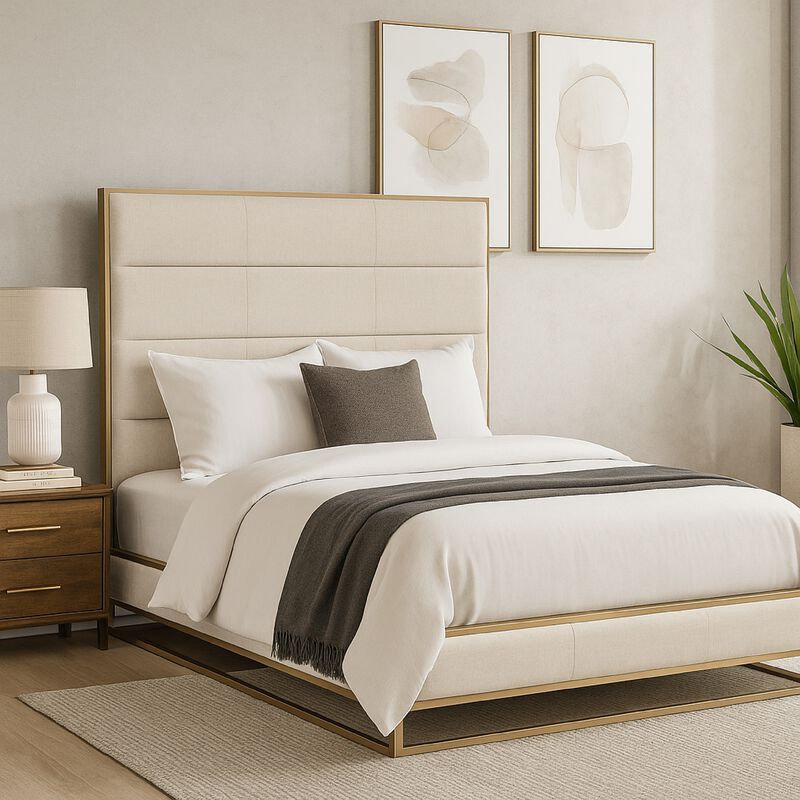 Chek King Size Bed w Channel Tufted Upholstery, Sand Brown, Gold Metal