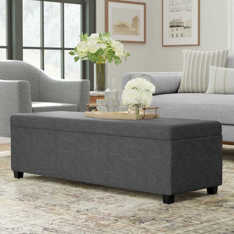 Simpli Home Avalon Extra Large Storage Ottoman Bench In Slate Grey Polyester Linen Fabric
