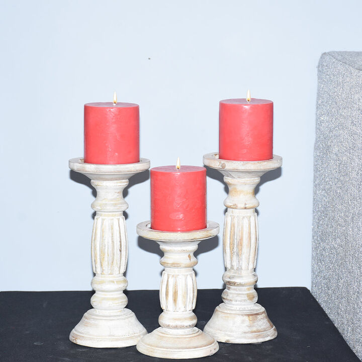 Traditional Antique White Eco-friendly Handmade Mango Wood Set Of Three 9",6" & 9" Pillar Candle Holder