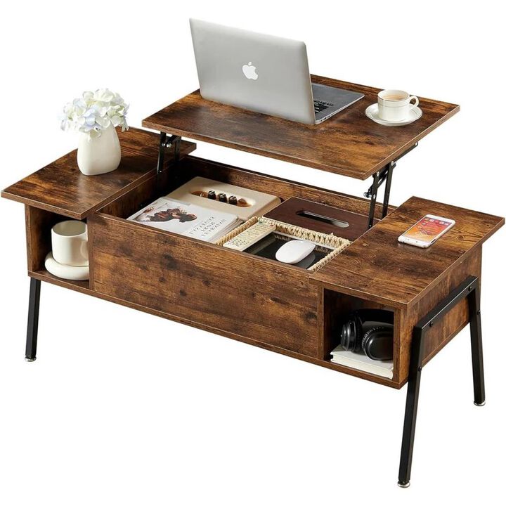 Hivvago Modern Lift-Top Coffee Table Laptop Desk with Storage Shelf in Brown Wood Finish