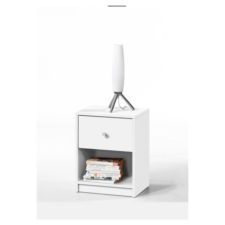 QuikFurn Contemporary 1-Drawer Nightstand with Storage Shelf in White