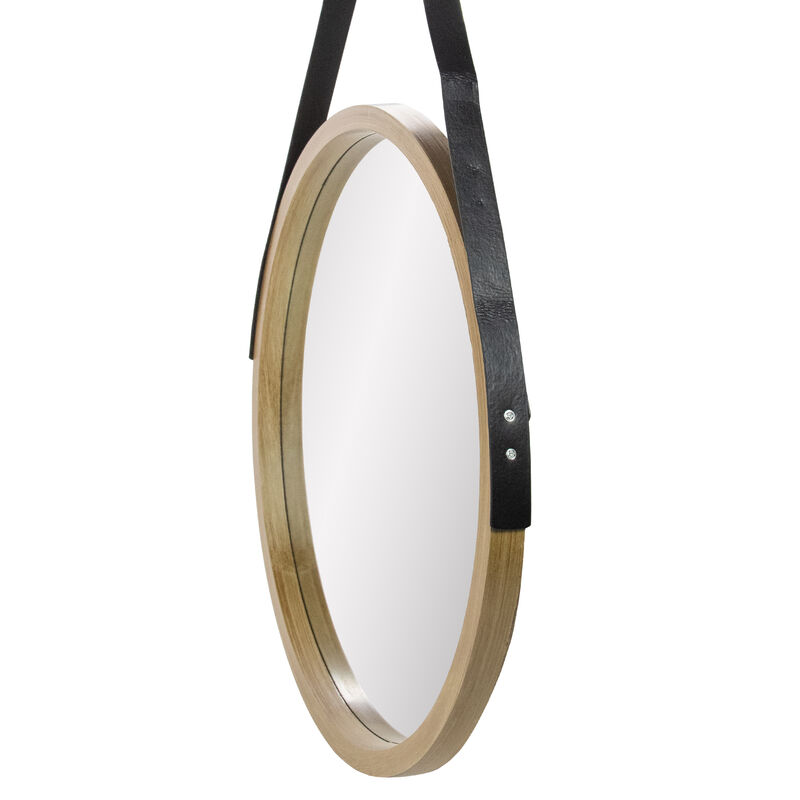21" Beige Round Modern Mirror With Woodgrain Finish image number 2