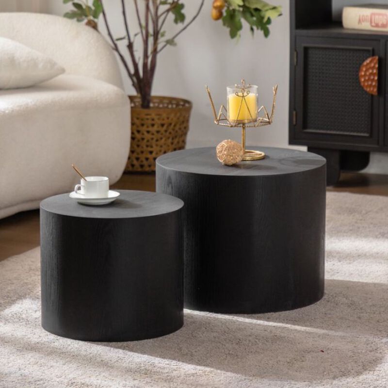 Modern Round Drum Nesting Coffee Table Set of 2, Wooden Cylinder Coffee Tables for Living Room, Space-Saving Design image number 4