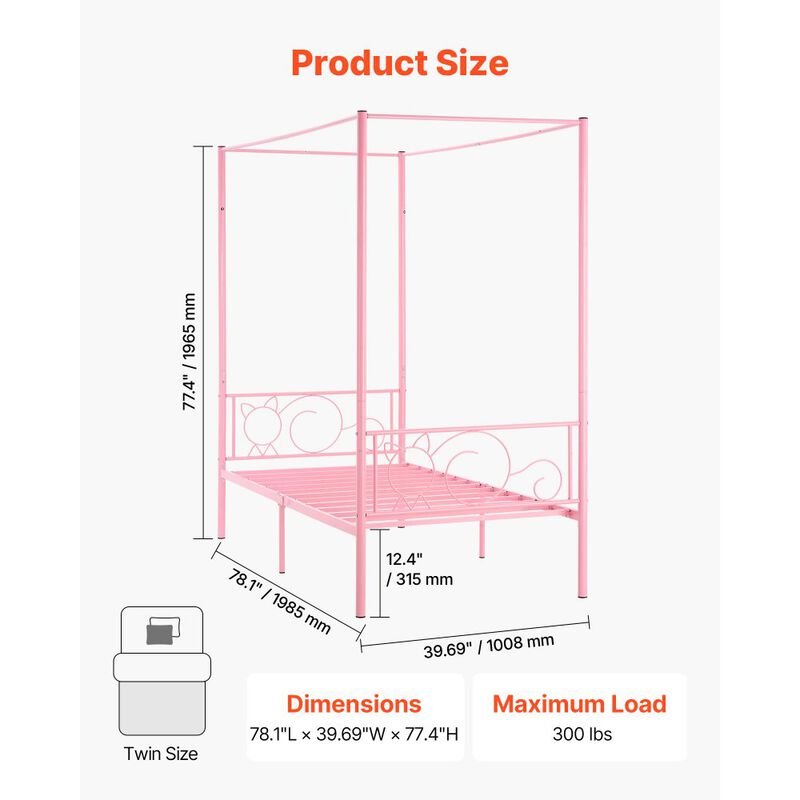 Twin Size Metal Canopy Bed Frame with Headboard, Heavy Duty Steel Slats - Pink image number 2