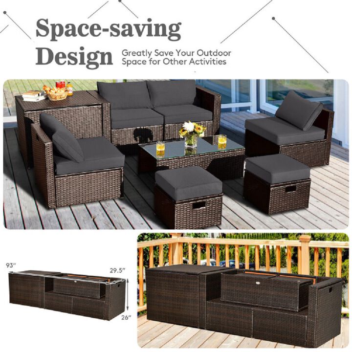 Mondawe 8 Pieces Patio Space-Saving Rattan Furniture Set with Storage Box and Waterproof Cover
