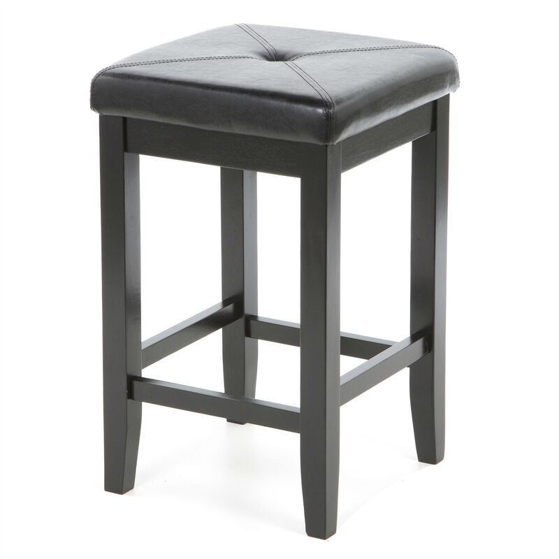 Hivvago Set of 2 - Black Bar Stools 24-inch High w/ Cushion Faux Leather Seat