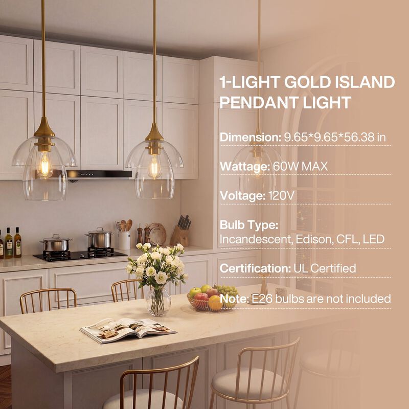 Gold Pendant Light with Tiered Clear Glass Shade, Adjustable Height image number 9