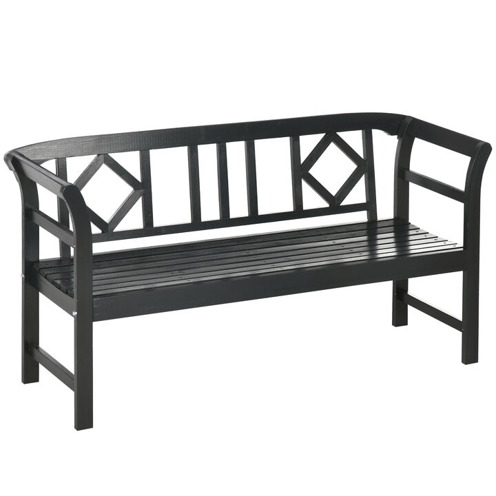 Outsunny Wooden Patio Bench, Outdoor Garden Bench with Backrest and Armrests, 3 Person Porch Bench with Rustic Country Diamond Pattern, Black