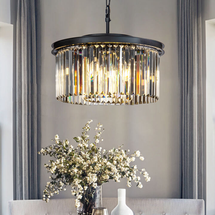 9-Light Modern 20" Matte Black 2-Tier Round Fringe Crystal Chandelier