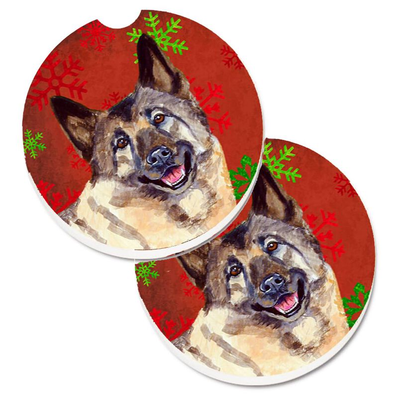 Caroline's Treasures Norwegian Elkhound Red & green Snowflakes Holiday Christmas Set of 2 Cup Holder Car Coasters LH9353CARC, 2.56, Multicolor image number 0