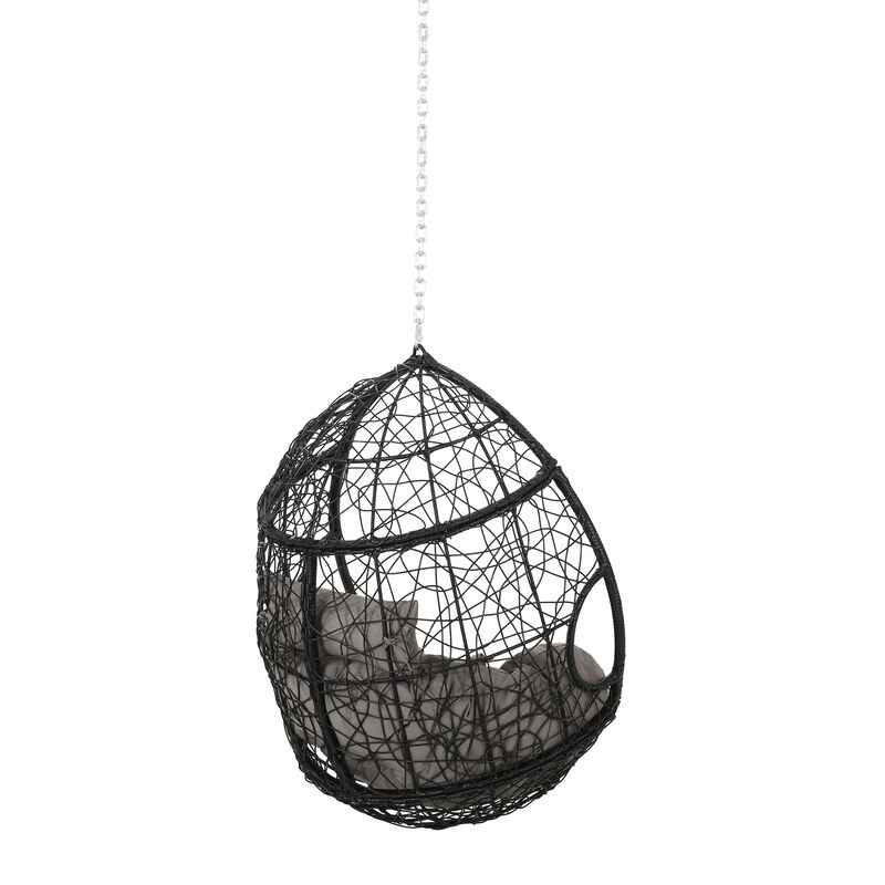 Castic Outdoor Hanging Chair, 46 Inch Rattan Frame, Black Iron, Gray - Benzara