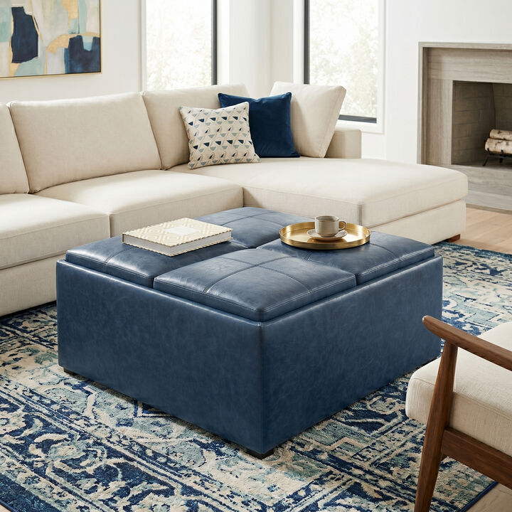 Avalon 35 inch Wide Contemporary Square Coffee Table Storage Ottoman in Denim Blue Vegan Faux Leather, Assembled