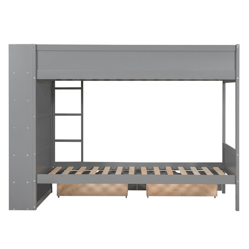 Whisen Twin over Twin Bunk Bed With 2 Drawers and Multi-layer Cabinet- Grey