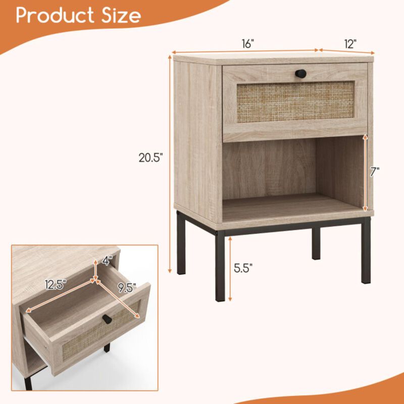 Hivvago Rattan Nightstand Boho End Table with Rattan Drawer & Open Shelf