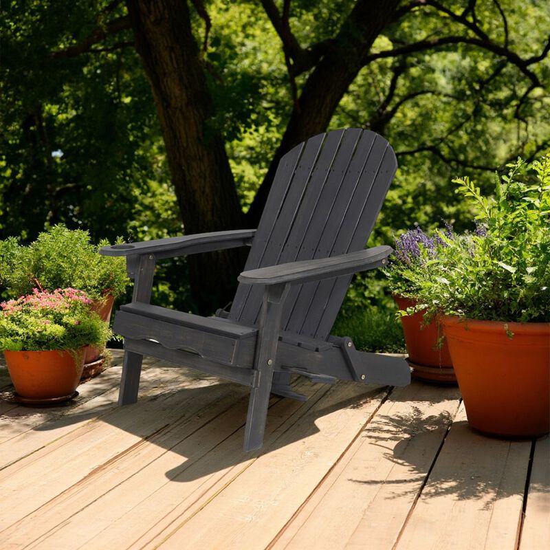 Outdoor Adirondack Chair with Cupholders, Foldable, Dark Gray Wood Finish - Benzara