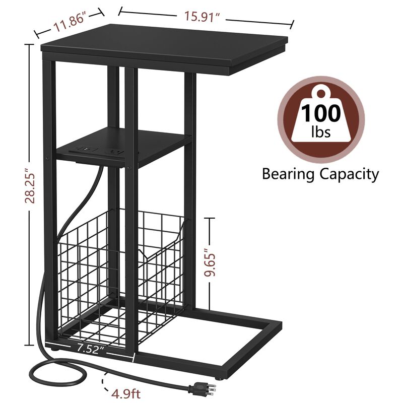 Vagusicc C Shaped End Table with Charging Station, Side Table for Couch, Small Side End Table for Small Spaces, 28"" High Slide
