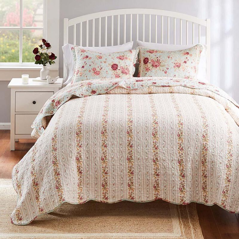 Greenland Home Antique Rose Floral Pinstripe with Dainty Scrolling Embellishments Quilt Set 3-Piece Full/Queen Blue