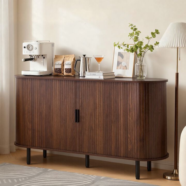 Mid Century Fluted Coffee Bar Cabinet with 2 Sliding Doors and Storage