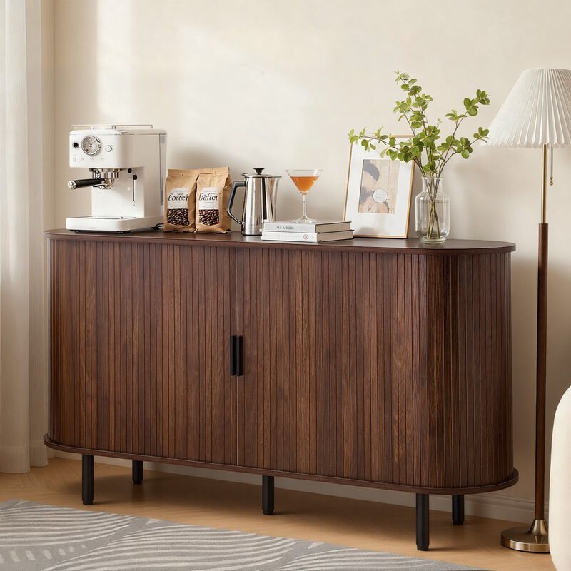 Mid Century Fluted Coffee Bar Cabinet with 2 Sliding Doors and Storage image number 1