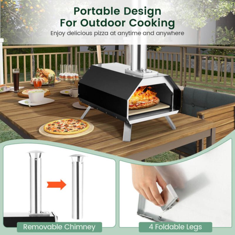 Hivvago Outdoor Pizza Oven with Pizza Stone and Foldable Legs for Camping-Black
