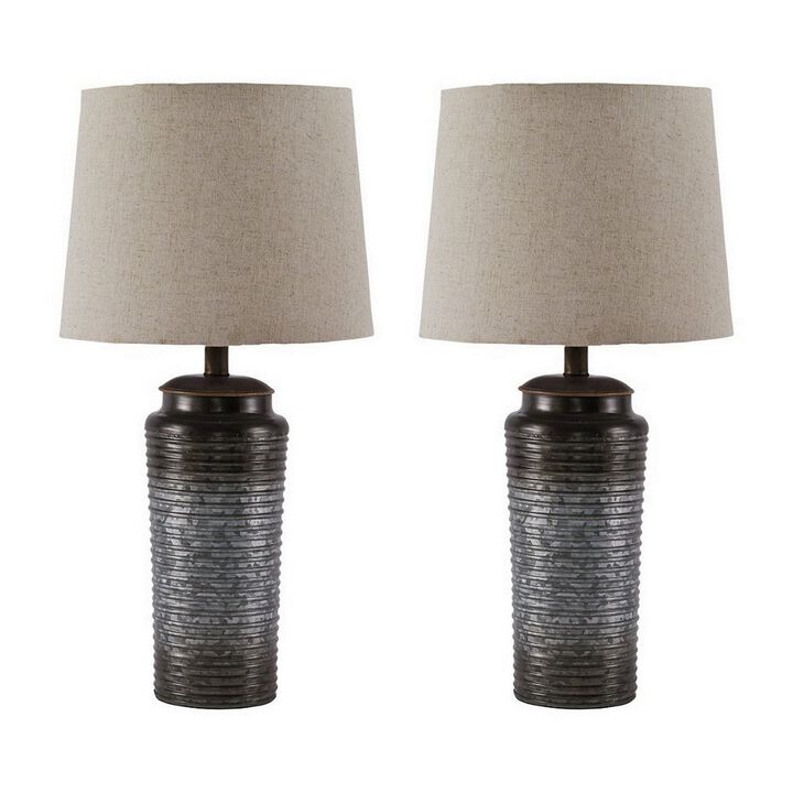 Ribbed Design Metal Body Table Lamp with Tapered Fabric Shade,Set of 2,Gray-Benzara
