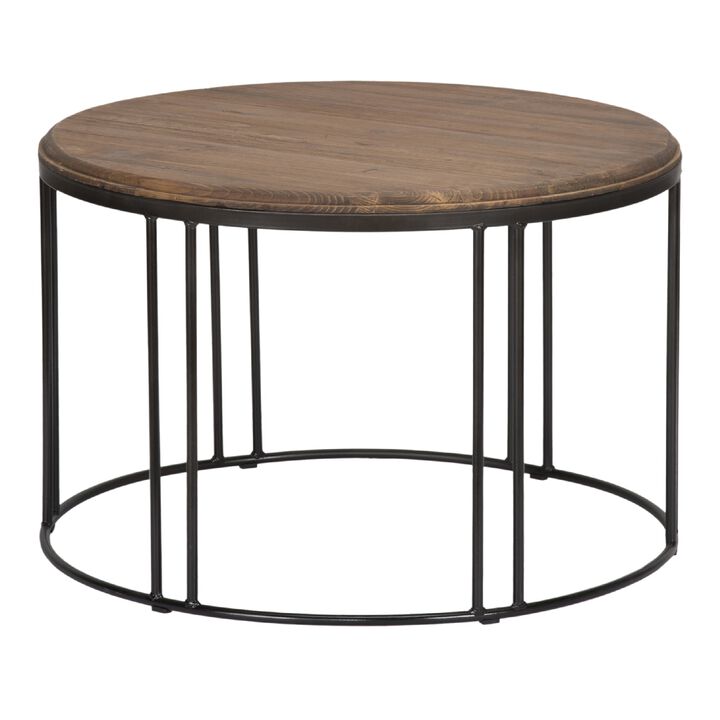 Iron Framed Round Coffee Table with Wooden Top, Brown and Black-Benzara