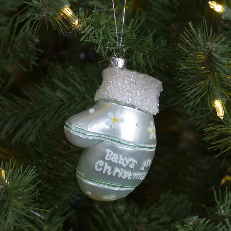 4" Baby's 1st Christmas Mint Green Glass Mitten Holiday Ornament image number 1