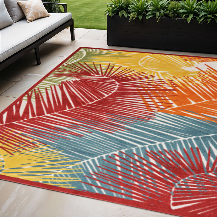 HomeRoots 5' X 7' Orange Yellow Red Blue And Green Palm Leaf Indoor Outdoor Area Rug