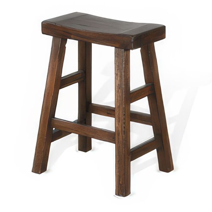 Odel Counter Stool Set of 2, Saddle Seat, Dark Brown Mahogany Wood - Benzara