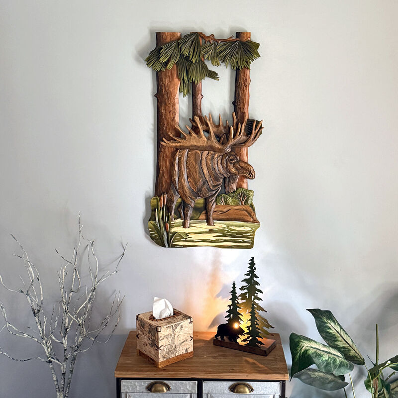 31x17 Intarsia Wood Moose Wall Sculpture Rustic Cabin Lodge Wildlife Decor image number 5