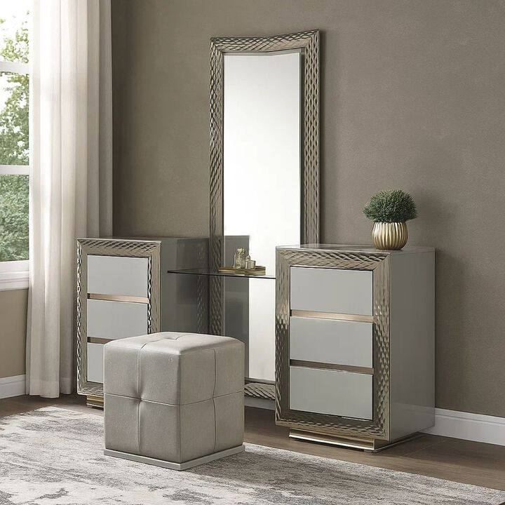 Vino 3pc Vanity Dressing Table Set w Stool, Gray, Satin Fabric, Rubberwood