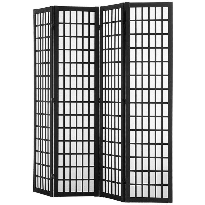 4-Panel Japanese Room Divider, Wood Folding Privacy Screen for Home or Office