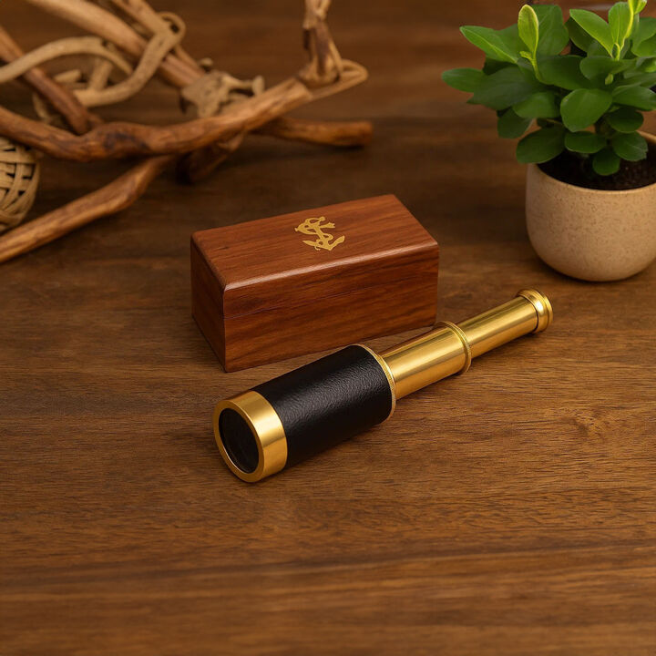 Small Brass Telescope with Pullout Wooden Box, Gold and Brown