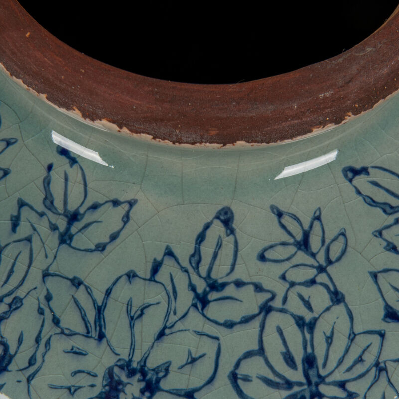 Round Decorative Terra-cotta Vase with Transferware Pattern, Blue image number 5