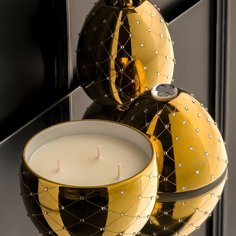 Candle in Ceramic Egg BOIS DE ROUSSIE 16 oz Gold with Crystals 6.5 diam. x 7.48 in image number 2