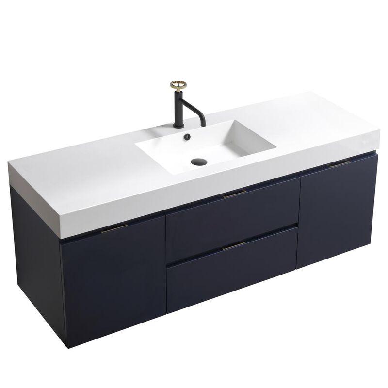 Kubebath Bliss 60 Single Sink Blue  Wall Mount Modern Bathroom Vanity