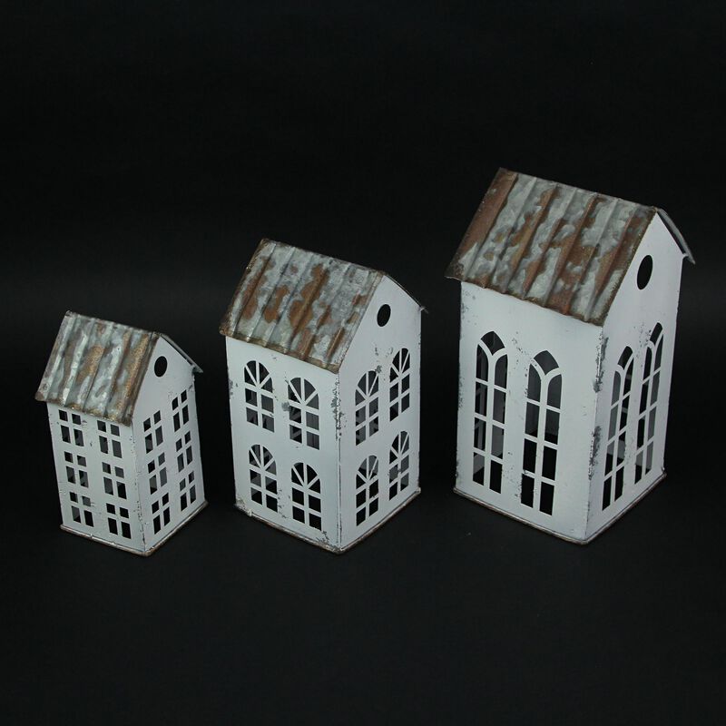 Set of 3 Rustic Country Farmhouse White Metal House Shaped Candle Holders image number 3