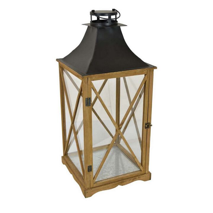 29 Inch Lantern Tabletop Decor, Glass Panels, Brown Wood, Black Metal - Benzara