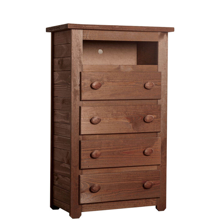 Wooden 4 Drawers Media Chest With 1 Top Shelf In Mahogany Finish, Brown-Benzara