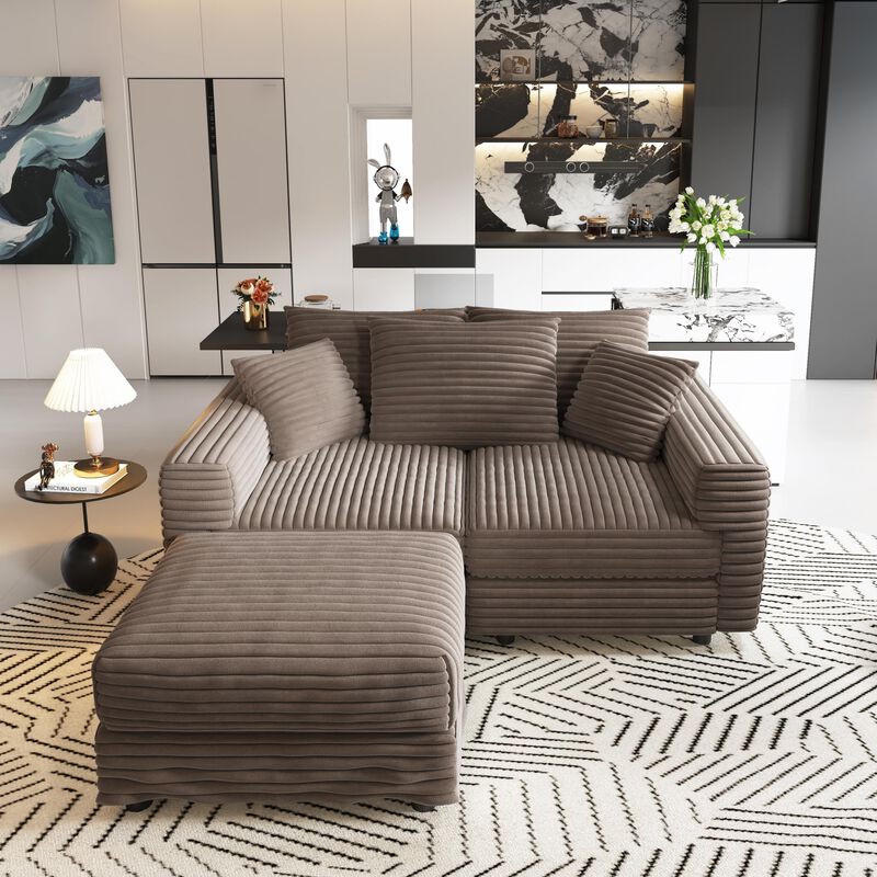 Merax Corduroy 3-Seat Sofa,Modern Comfy Upholstered Sofa Cloud Couch,Deep Seat Couches with Soft Pillows and 1 Ottomans image number 2