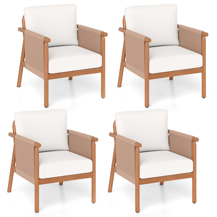 Set of 4 Outdoor Acacia Wood Chairs with Woven Rope Armrests and Cushions